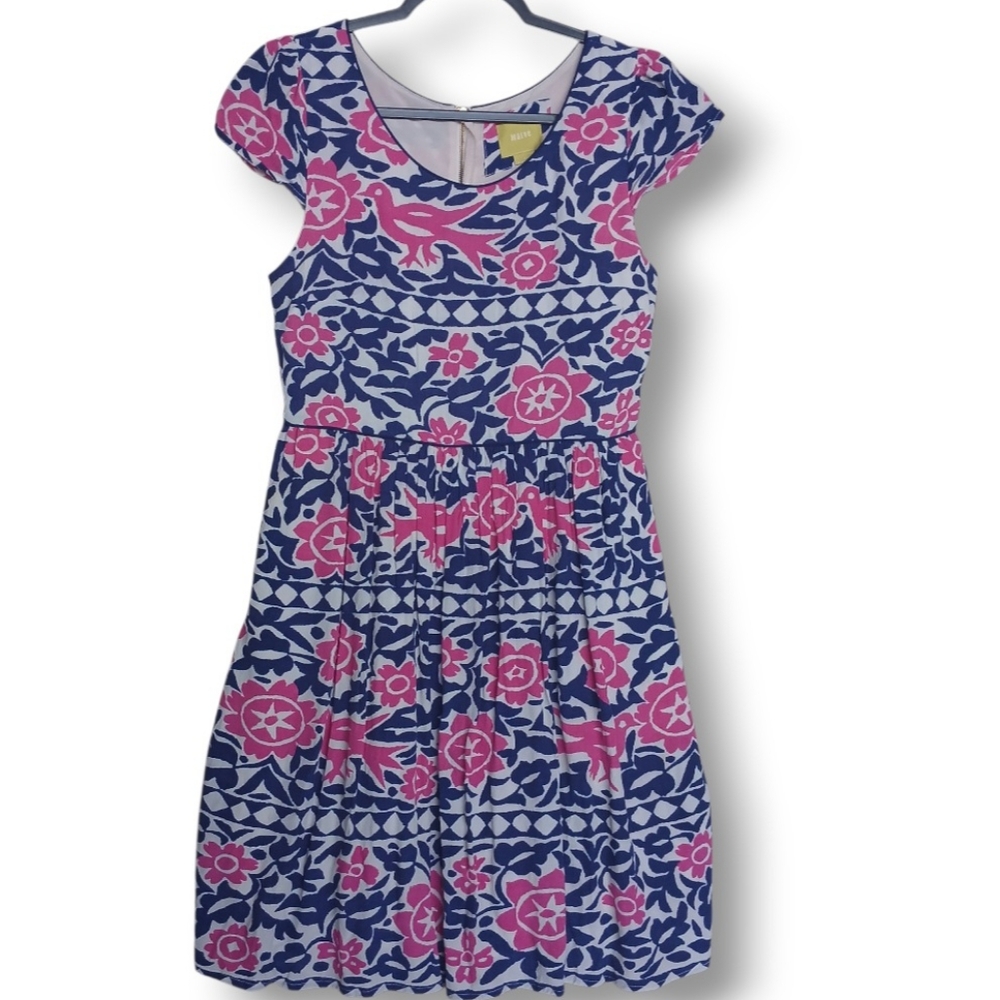 Anthropologie Maeve Peralta Flare Dress Pink Blue Bird Pattern Size 8 Casual